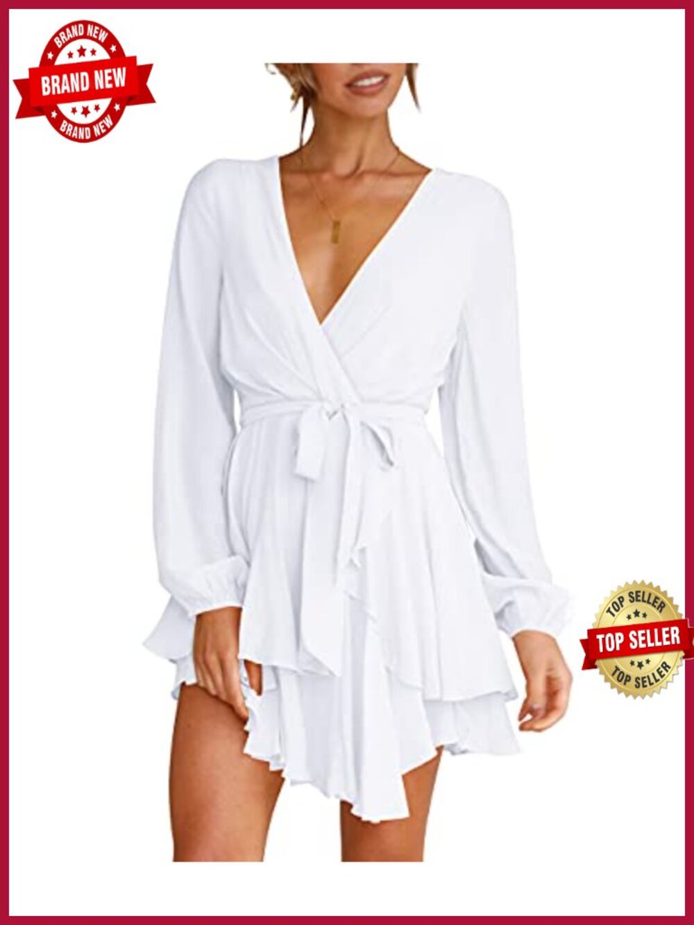 100% Polyester Women's Deep V-Neck Long Sleeve Waist Tie Ruffle Mini Swing